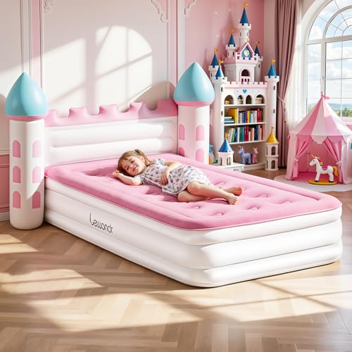 Lewondr Pink Castle Toddler Inflatable Bed with Electric Air Pump - Girl's Play & Sleep Bed, 3D Castle Headboard, Safe & Quick Inflate