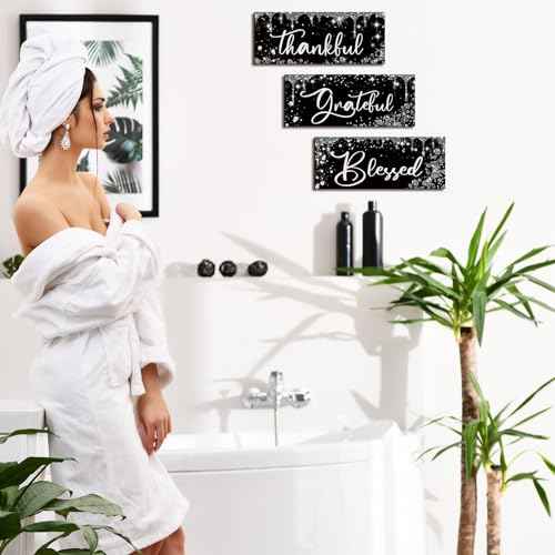 Wenqik 3 Pcs Glitter Wooden Thankful Wall Decor Diamond Grateful Blessed Wall Decor Thanksgiving Wooden Black Silver Shiny Hanging Sign Christmas Decoration Wood Gift for Home Bathroom