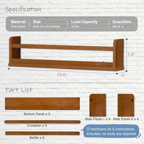 23.6 Inch Walnut Nursery Wall Book Shelves Set of 3 - Floating Kid's Storage