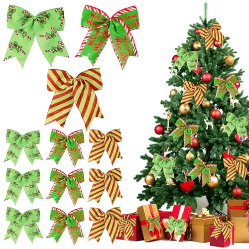 12Pcs Red Green Christmas Bows Decorations for Wreaths & Tree Ornaments