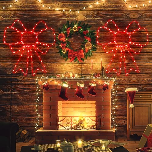 Riakrum 4 Pack Christmas Window Silhouette Lights with Bows - 80 Red LEDs, USB Powered, 8 Modes, Timer, Indoor Outdoor Holiday Decor