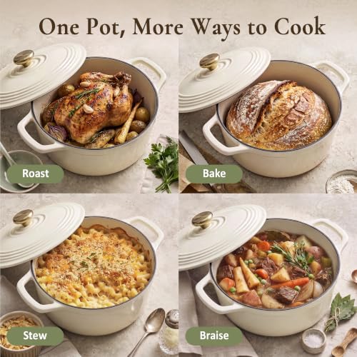 Overmont 5.5QT White Enameled Cast Iron Dutch Oven with Lid & Potholders