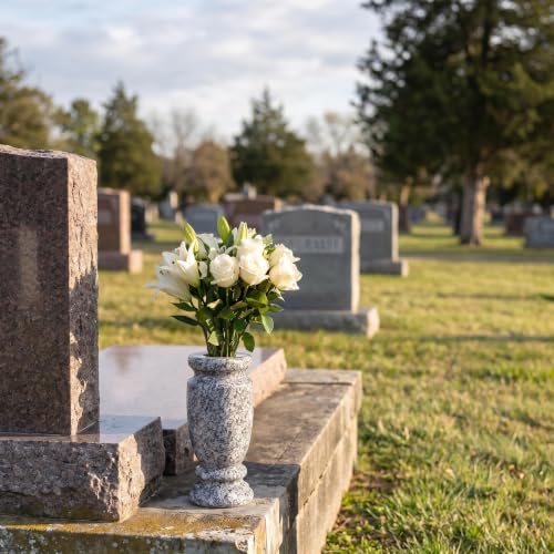 Afvarir Gray Granite Cemetery Vase for Grave - 4.3" W x 9.8" H, Heavy & Weatherproof Memorial Flower Holder, Variation 2