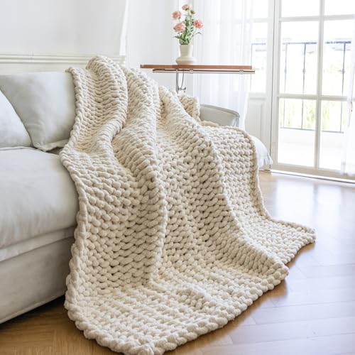 Chunky Knit Throw Blanket for Couch 40x50 Inches Cream - Handwoven Chenille Warm Blanket