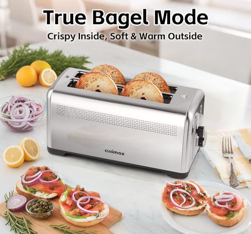 CUSIMAX Silver 4-Slice Long Slot Toaster for Sourdough and Artisan Bread