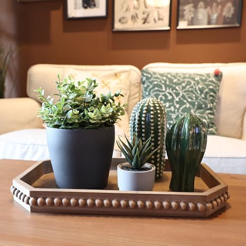 Rustic Wooden Serving Tray with Beads - Farmhouse Brown, 15.7 x 10.2 inches Variation of Brown-c8