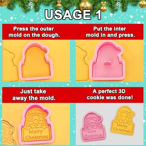 Leesgel Christmas Cookie Cutters, 3D Christmas Holiday Cookie Cutters Shapes with Santa/Xmas Tree/House/Deer, Christmas Party Decorations Ornaments