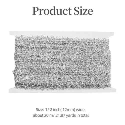 20 Yards 1/2 Inch Silver Christmas Tree Tinsel Garland Wired Mini Thin Metallic Foil Twist Trim Xmas Glitter Fluffy Ribbon for Sewing Making Gift Wrapping DIY Christmas Tree Decor Supplies