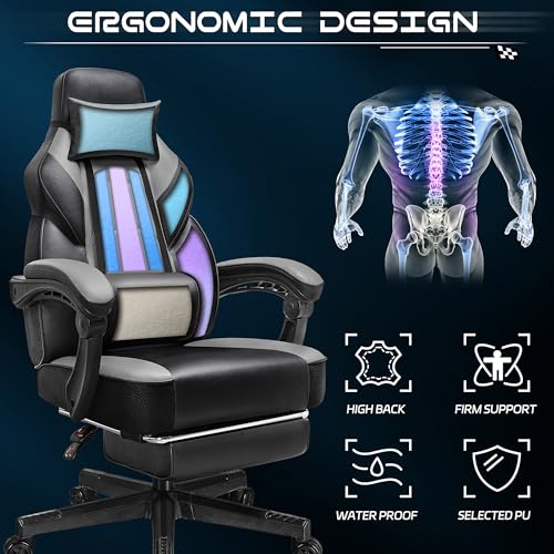 Big & Tall Gaming Chair with Footrest, Massage Lumbar Support, Adjustable Height - Grey / PU Leather