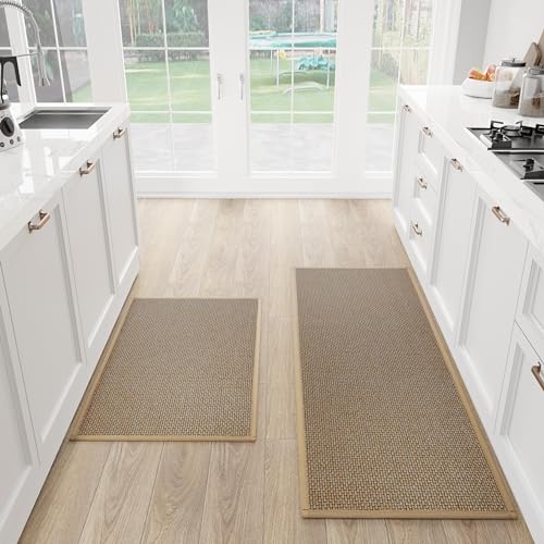 Kitchen Mats Set of 2 - Non-Slip Washable Rug Brown 17.3x47 & 17.3x30 Inches