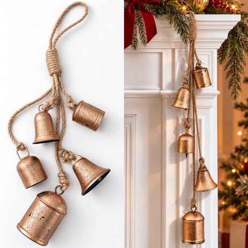 30 Inch Gold Distressed Copper Christmas Bells – Handmade 5-Bell Cluster by Degeyoyo (Rust Gold / 1Pack)