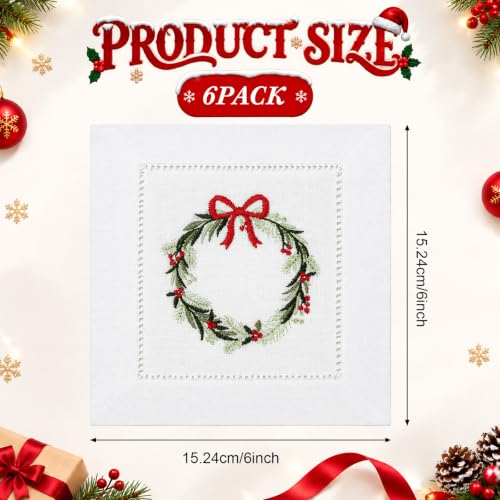 Moukeren 6 Pack Linen Christmas Cocktail Napkins with Hemstitch - Xmas Wreath Design