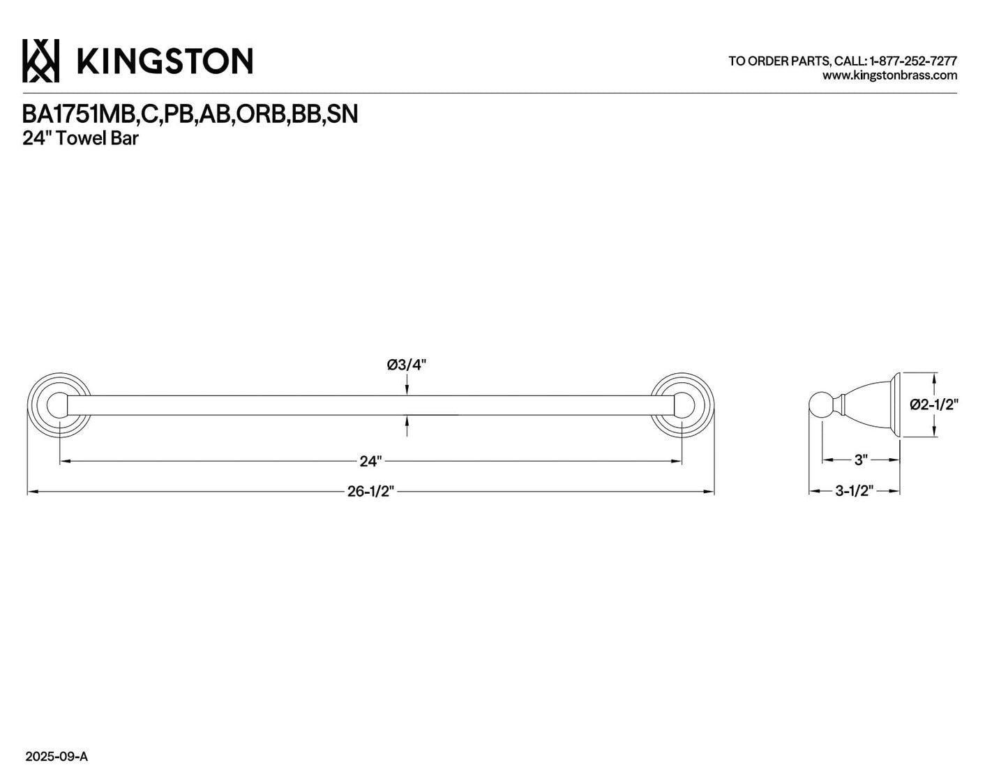 Kingston Brass BA1751PB Heritage 24-Inch Towel-Bar, Polished Brass