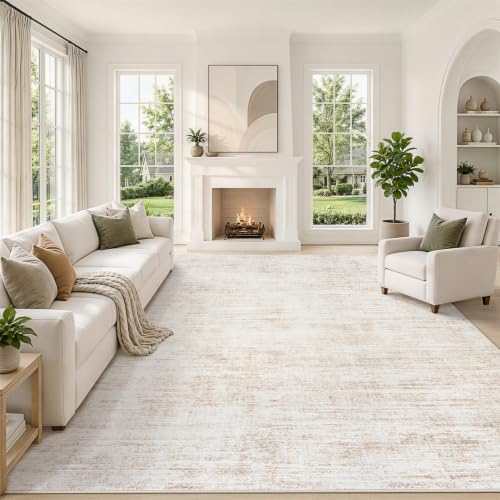 Beige 8x10 Washable Area Rug - Neutral Abstract Pattern, Non-Slip Backing
