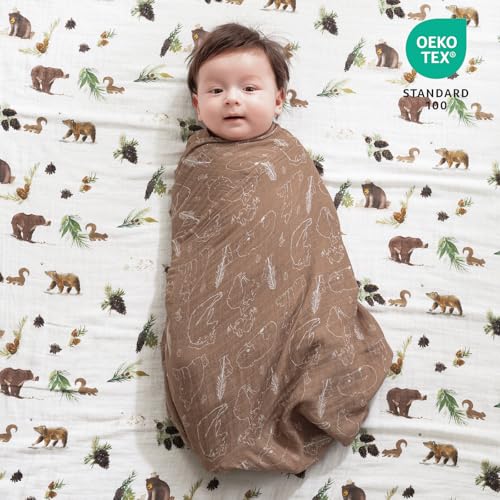 Baby Muslin Swaddle Blanket 4 Pack - Woodland Animals Green, 47x47 Inches, Soft Breathable Cotton for Newborns