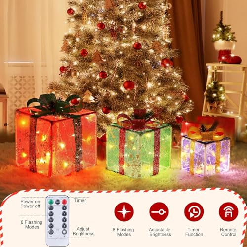 Lightess Snowflake Christmas Lighted Gift Boxes Set of 3 - Battery Operated Indoor Outdoor Holiday Decor