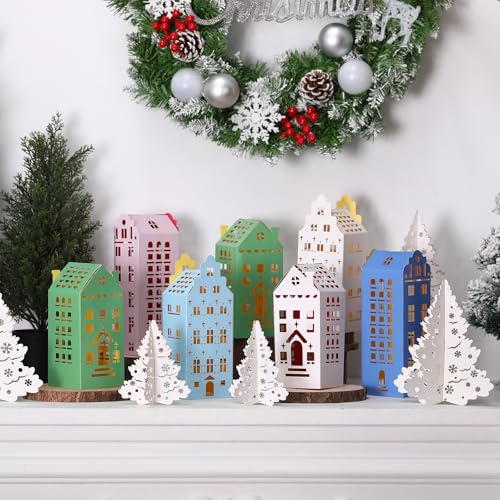 Amyhill 36 Pcs Multicolor Christmas Village Set - Mini Cardboard Houses & Trees