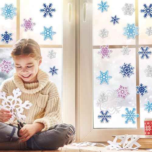 Whaline 30Pcs Winter Thick Gel Clings Christmas Blue Purple Silver Snowflake Window Gel Decals Cute Reusable Xmas Winter Window Clings for Home Classroom Nursery Frozen Party Supplies