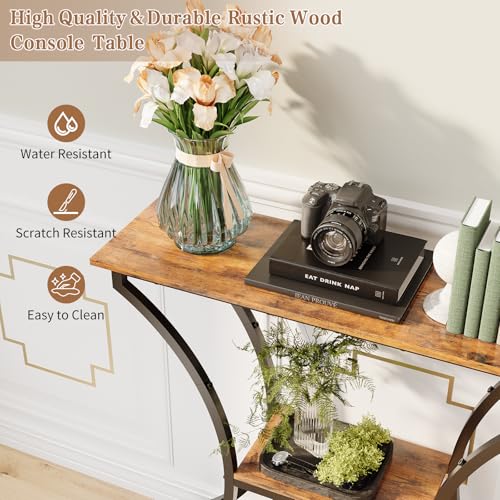 Industrial Console Table with Storage Shelves for Entryway and Living Room - Rustic Brown, 29.5" Height