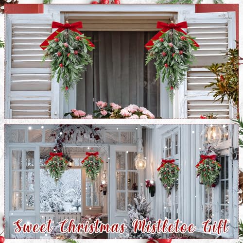Suncalla 2-Pack 16-Inch Christmas Teardrop Mistletoe Decorations with Berries & Red Bows