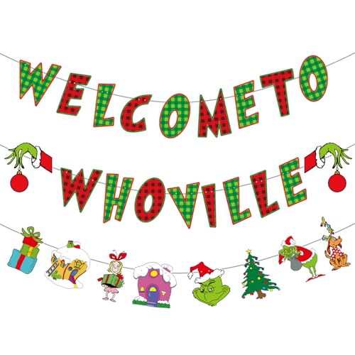 Welcome to Whoville Red and Green Christmas Banner - Merry Christmas Party Decorations, Whoville Sign, Xmas Decor