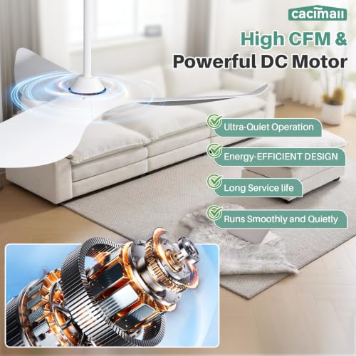 A-52 Inch White Ceiling Fan with Remote Control, 3 Blades, Low Profile, No Light