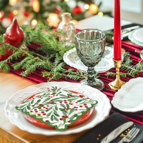 100Pcs Christmas Holly Berry Cocktail Napkins - Disposable Holiday Party Decor