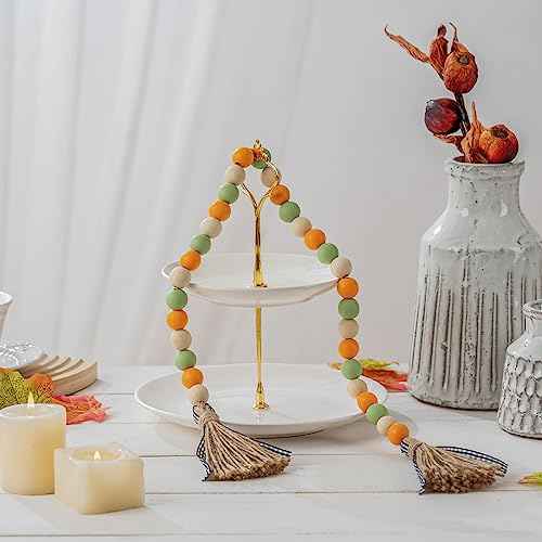 Fall Wood Bead Garland Tassels Thanksgiving Farmhouse Tiered Tray Holiday Decorations Rustic Wooden Bead Jute Rope Plaid Autumn Retro Country Home Decor for Nursery Room Vase (Green & Orange & Beige)