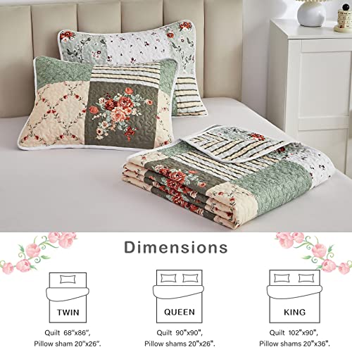 Patchwork Quilt Set Full/Queen Green Floral Plaid Bedspread 3 Pieces - Reversible Lightweight Microfiber Summer Bed Coverlet - Queen 90"x90" Variation of THIS listing
