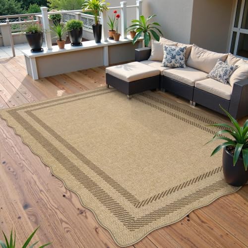 Outdoor 5x7 Scalloped Washable Rug - Tan Border, Non-Slip Indoor/Outdoor Mat