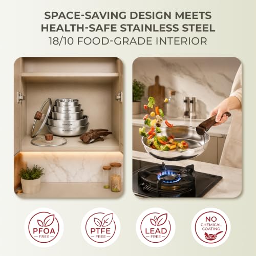 Sunhouse 9-Piece Stainless Steel Cookware Set with Detachable Handle - Silver