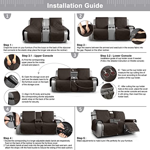 Loveseat Recliner Cover with Center Console - 2 Seater Waterproof Pet Sofa Protector - Chocolate