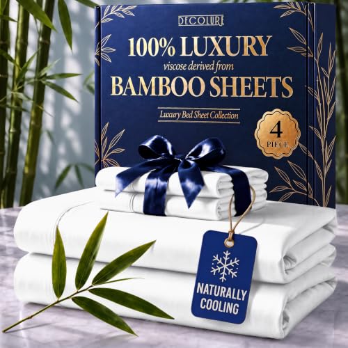 White King Size Viscose Bamboo Sheets 4-Piece Bed Set – Hypoallergenic & Cooling