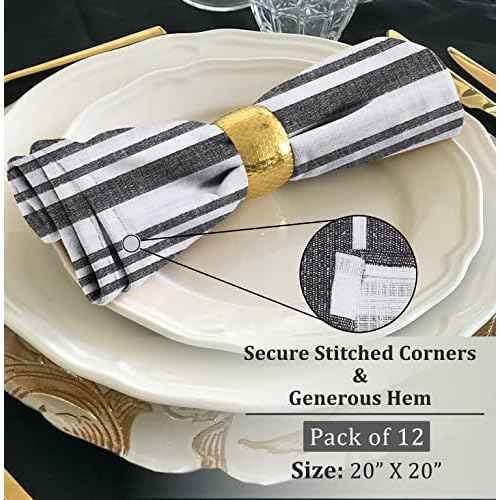 RUVANTI Cloth Napkins Set of 12 Cotton 100%, 20x20 Inches Napkins Cloth Washable, Soft, Absorbent. Cotton Napkins for Parties, Christmas, Thanksgiving, Weddings, Dinner Napkins Cloth - Grey Stripes