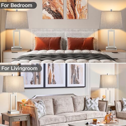 23.5-Inch Silver Touch Control Table Lamps Set of 2 with USB & Power Outlet