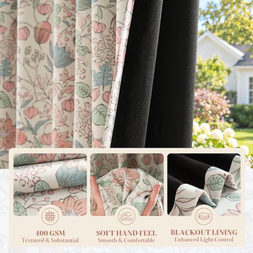 Pink Blackout Floral Curtains 2 Panels 52"W x 84"L Farmhouse Drapes