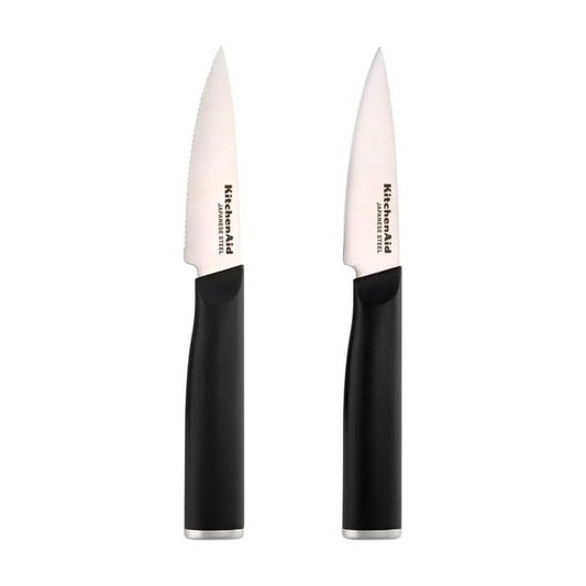 KitchenAid Classic Paring Knife Set, Japanese Steel, Includes 3.5-Inch Serrated and Straight-Edge Knives with Custom-FIt Blade Covers, 2 Piece, Black Handles