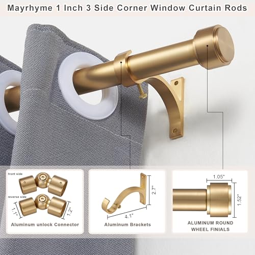 Warm Gold Bay Window Curtain Rods with Aluminum End Caps & Brackets, Adjustable 36-72 & 20-36 Inch Sets - 3 Sided Version
