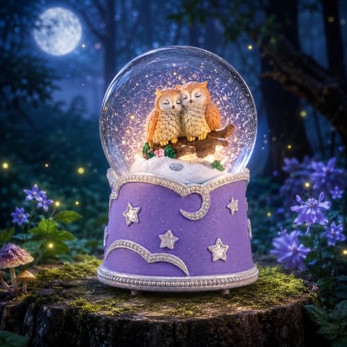 Mr.Winder Owl Snow Globe Music Box with Color Lights - Musical Decor Gift