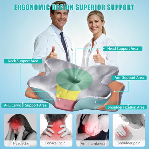 CCidea Silver Grey Cervical Neck Support Pillow with Removable Satin Cover – Ergonomic Memory Foam for Pain Relief & All Sleep Positions