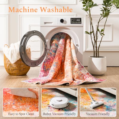 Rainbow Washable Area Rug 5x7 - Soft Non-Slip Living Room Carpet - Colorful