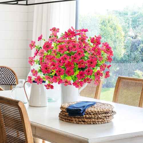 Agusbagli 10 Bundles Artificial Flowers Outdoor UV Resistant Fake Flowers No Fade Faux Plastic Greenery Shrub Plants for Wedding Home Garden Window Box Fireplace Thanksgiving Christmas Decor, Rose Red