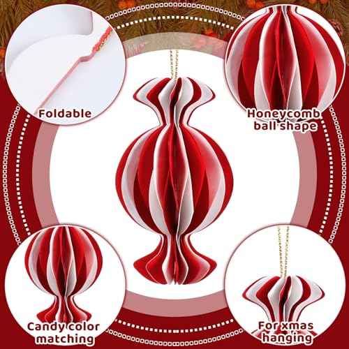 6 Pcs Christmas Ornaments Candy Paper Honeycomb Ornaments 3D Red White Hanging Decor Craft Balls for Christmas Tree Holiday Party Home Decoration
