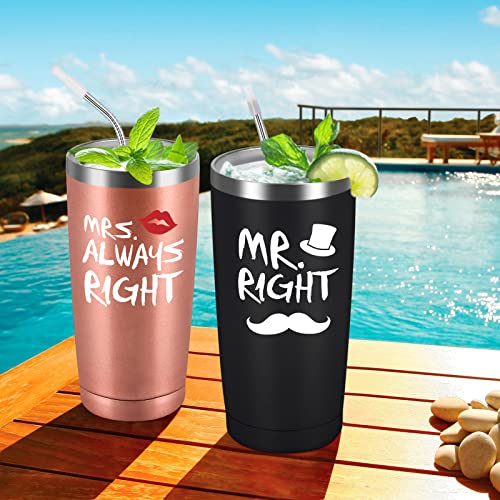 Qtencas Wedding Tumbler Set for Couple Mr. Right Mrs. Always Right Black/Rose Gold - Double Wall Insulated Gift