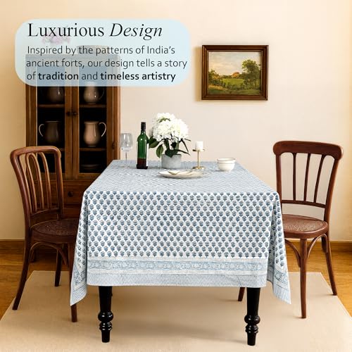 Apatite Blue Block Print Cotton Square Tablecloth 60x60 Inch - Handmade Indian Design
