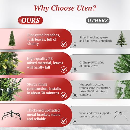 Uten 6ft Slim Pencil Christmas Tree with Mixed 600 Branch Tips - Foldable Stand, Easy Assembly, Holiday Decor