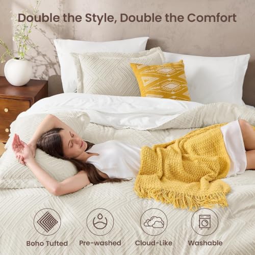 JOLLYVOGUE Queen Comforter Set 7-Piece Boho Tufted Bed in a Bag Beige & White, Queen (88"x88")