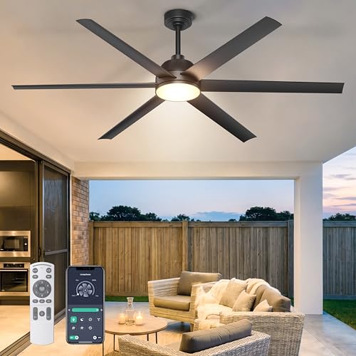 Phylluz 65 Inch Black Ceiling Fan with Lights Remote & App Control - Indoor & Covered Outdoor Patio, Dimming, 6-Speed
