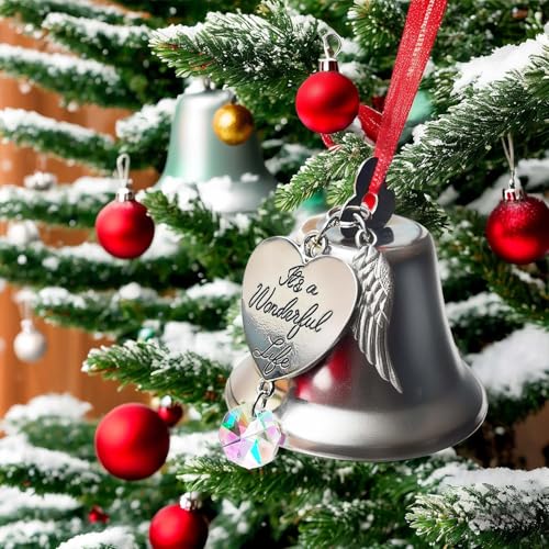 It's a Wonderful Life Christmas Bell Ornament, Stainless Steel Christmas Ornaments for Christmas Tree Wedding Anniversary Decoration Pendants with Angel Wings and Crystal Charm