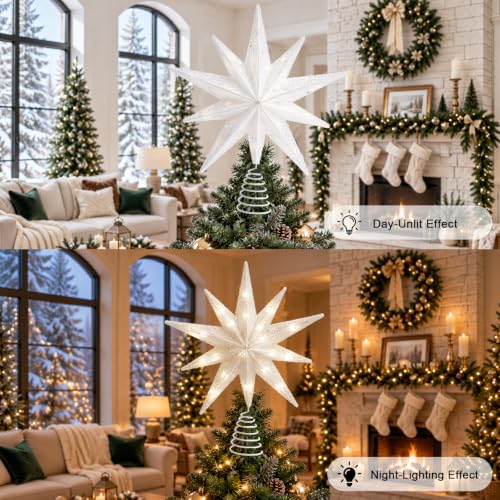 White 13-Inch Silver 10-Point Christmas Tree Topper with 20 LED Lights